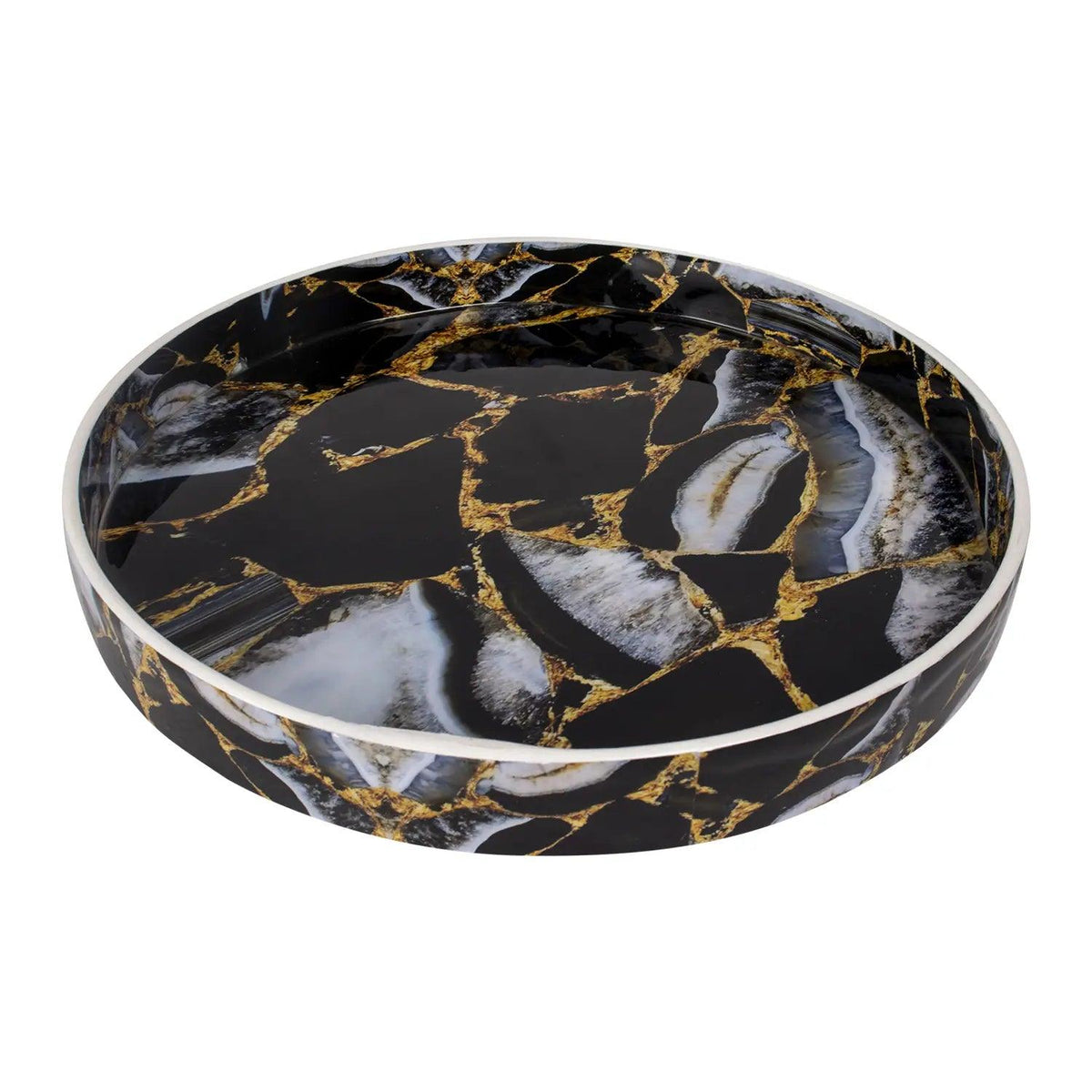 Round Resin Inlay Tray Black, Gold & Smoky Grey Marble 12