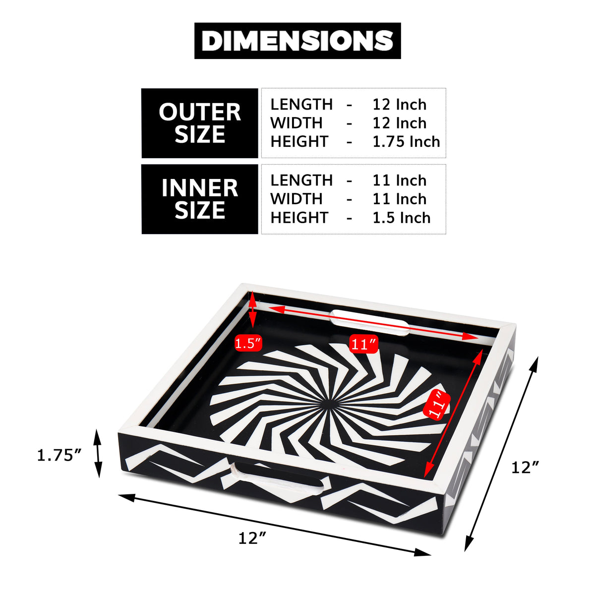 Black White Geometric Serving Ottoman Decorative Tray 12x12