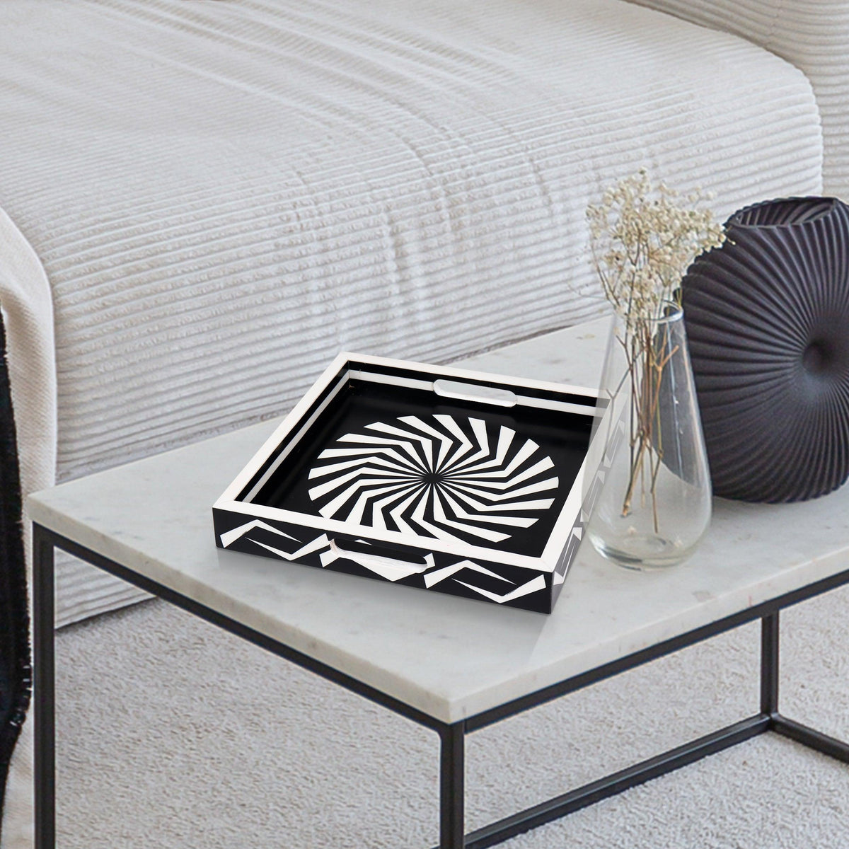 Black White Geometric Serving Ottoman Decorative Tray 12x12