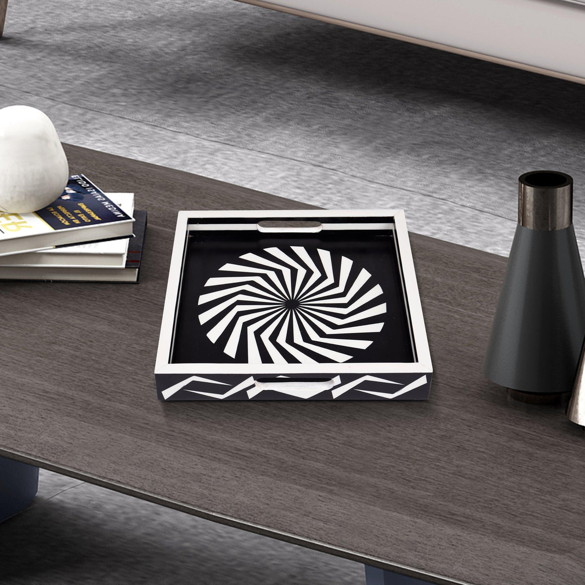 Black White Geometric Serving Ottoman Decorative Tray 12x12