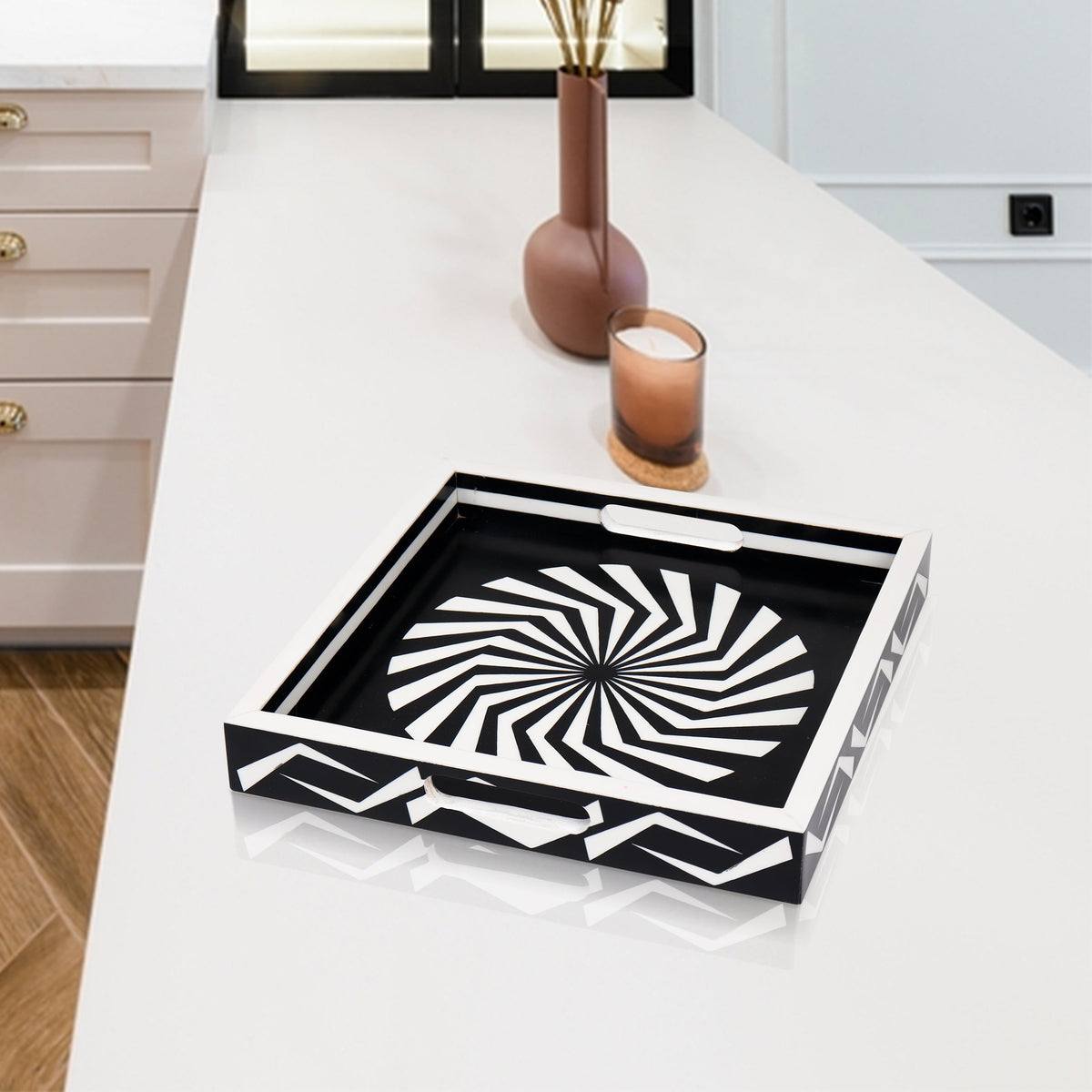 Black White Geometric Serving Ottoman Decorative Tray 12x12