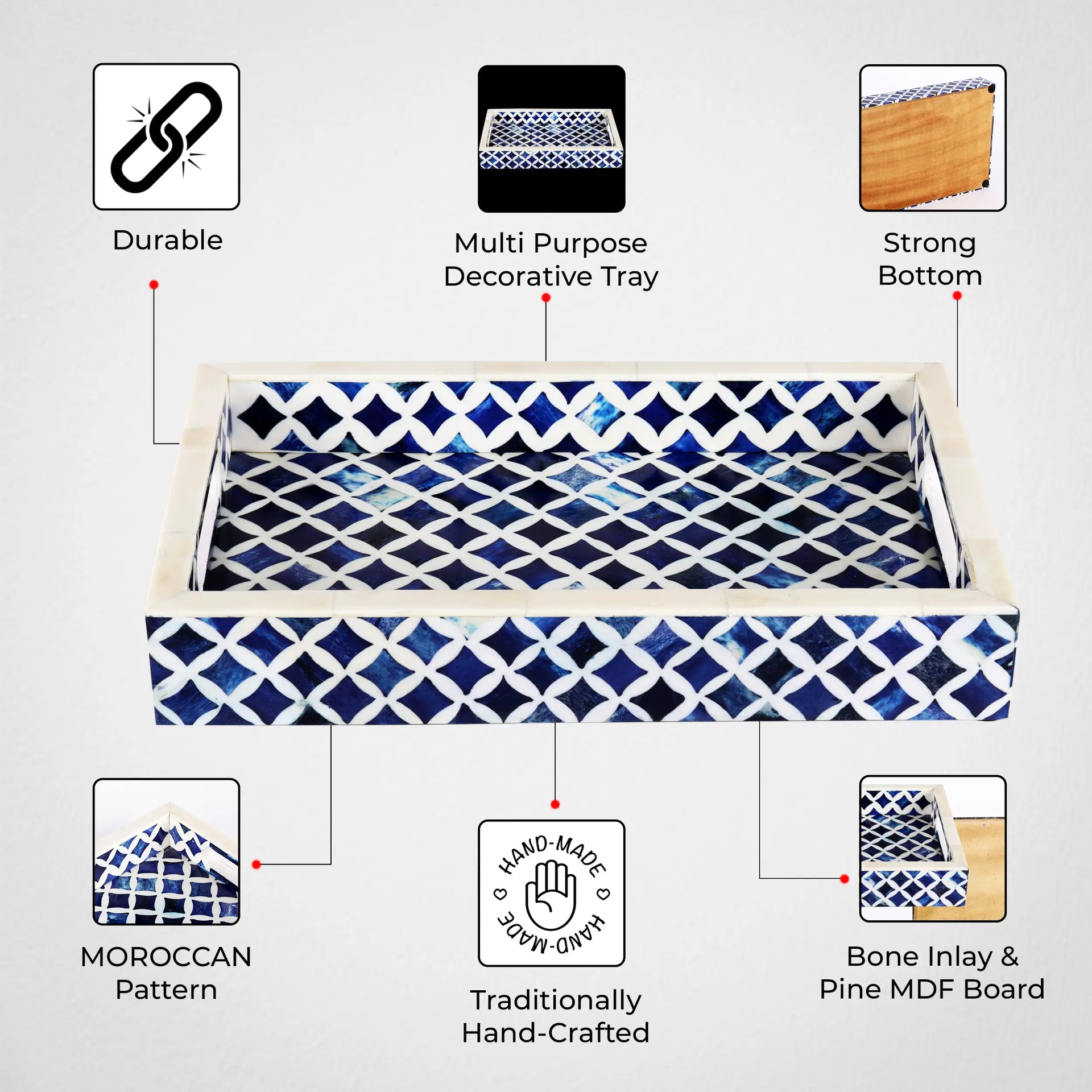 Decorative Tray Indigo Pattern Bone & Resin Inlay Collection in 12x8