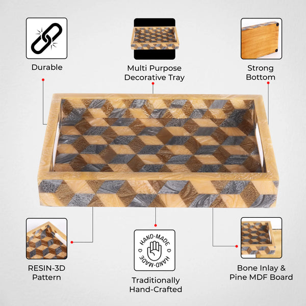 Decorative Tray 3D Pattern Resin Inlay Collection in 12x8, Brown & Grey
