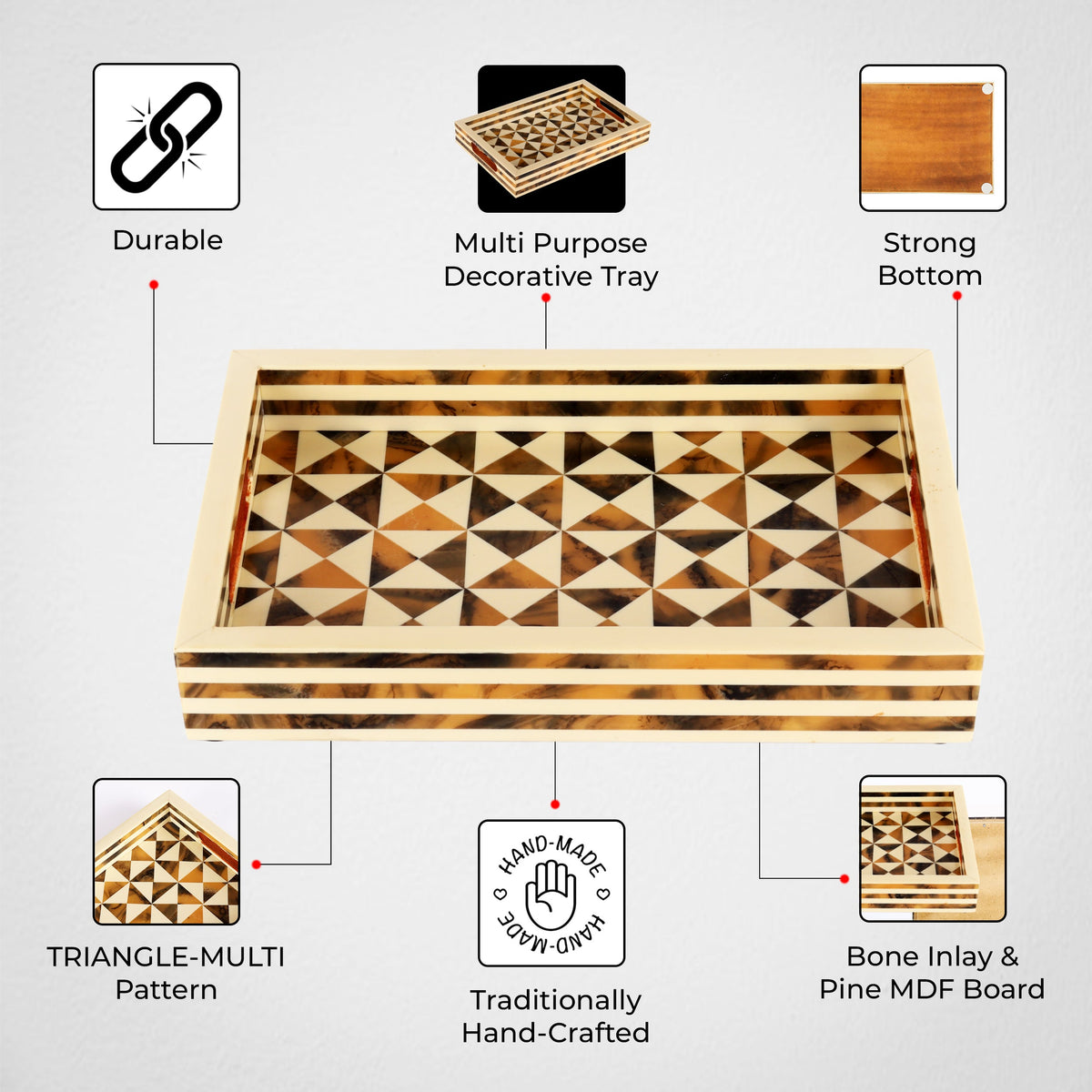 Decorative Tray Triangle Pattern Resin Inlay Brown -12