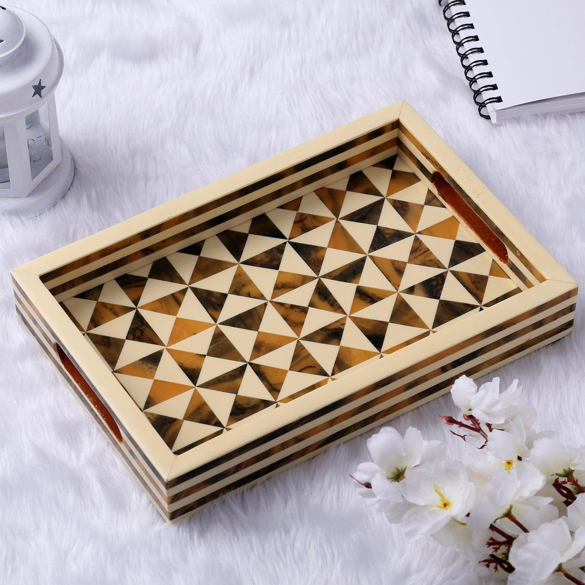 Decorative Tray Triangle Pattern Resin Inlay Brown -12