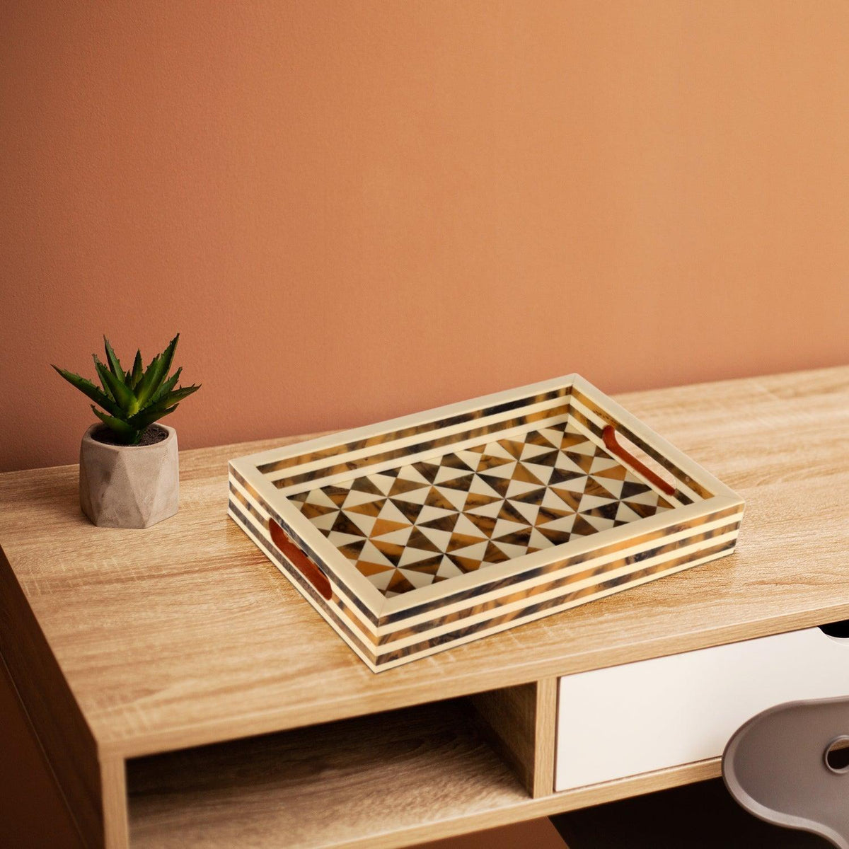 Decorative Tray Triangle Pattern Resin Inlay Brown -12