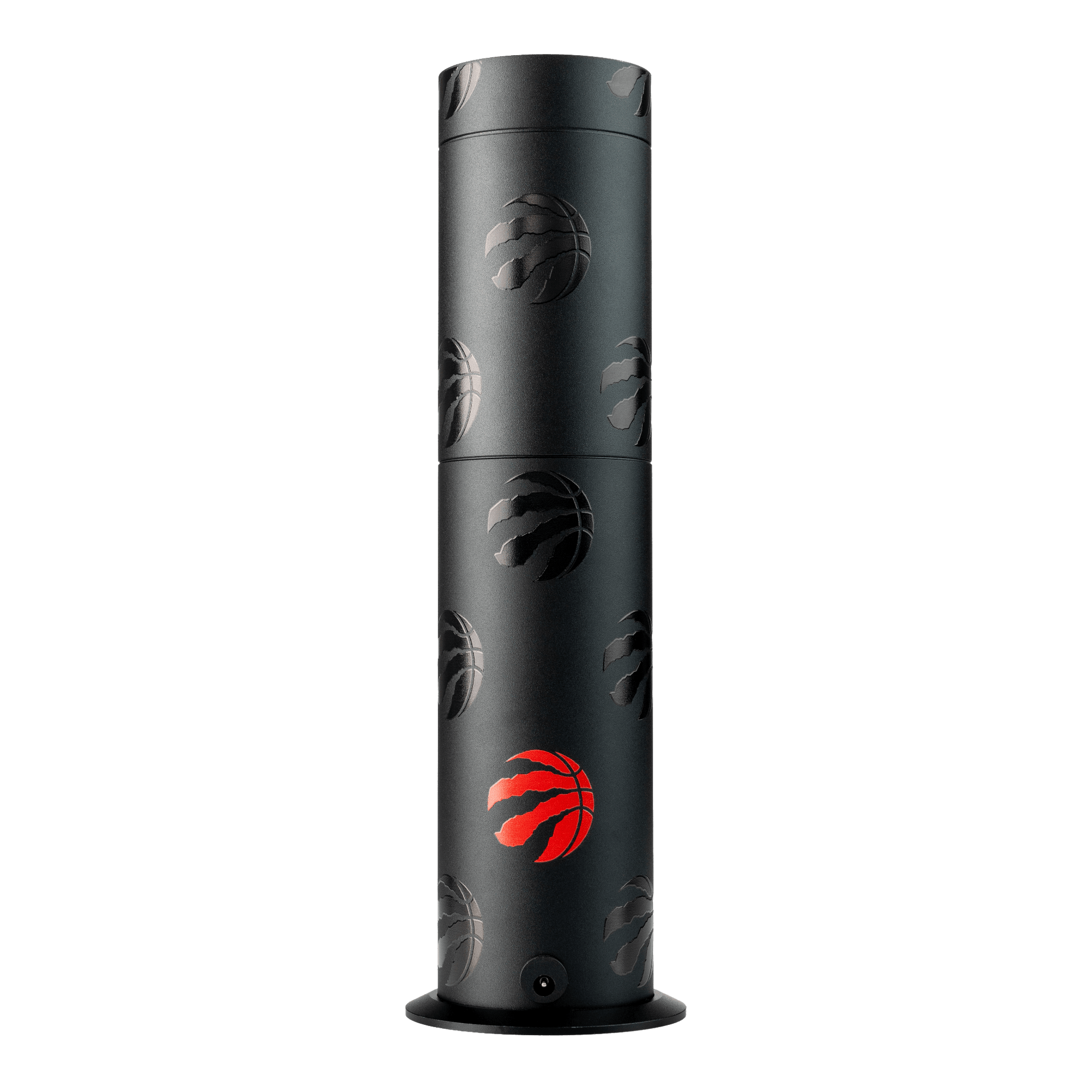 Black cylindrical container with basketball design and red logo on a white background