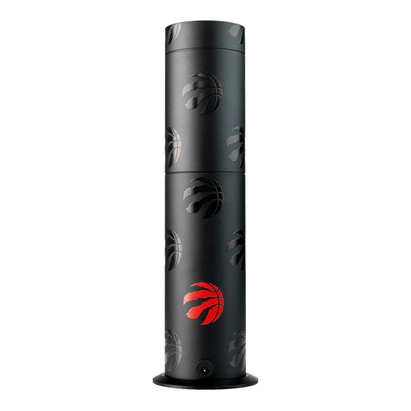 Black cylindrical container with basketball design and red logo on a white background