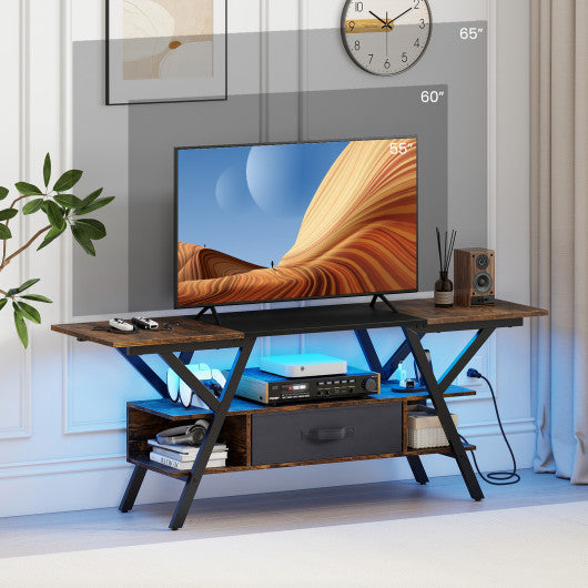 TV Stand for 65 Inch TVs with Power Outlets and LED Lights-Rustic Brown