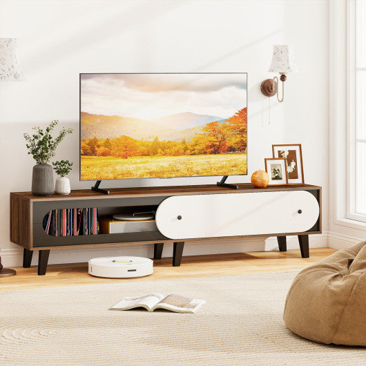 TV Stand for 80 Inch TVs Mid Century Modern Entertainment Center with Sliding Door Cabinet-Walnut