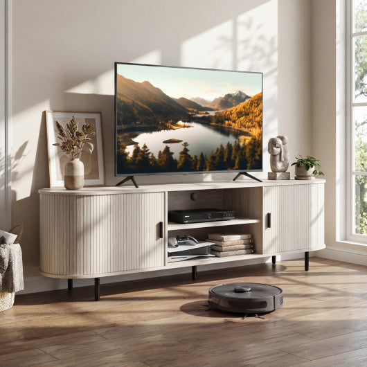 TV Stand for 80 Inch TVs Mid Century Modern Entertainment Center with Fluted Sliding Doors-Natural