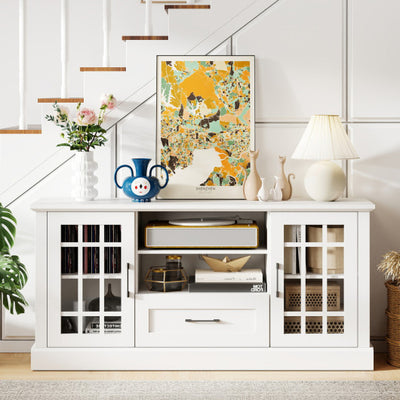 TV Stand for TVs up to 70  with Glass Doors Cubbies and Drawer-White