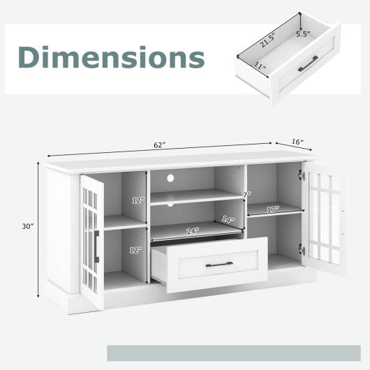 TV Stand for TVs up to 70  with Glass Doors Cubbies and Drawer-White