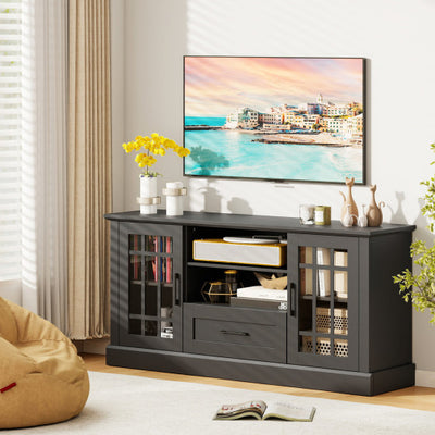 TV Stand for TVs up to 70  with Glass Doors Cubbies and Drawer-Black