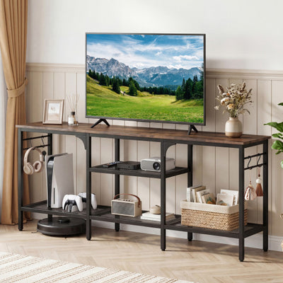 TV Stand for TVs up to 65 Inch with 3-Tier Open Shelves and 4 Hooks-Rustic Brown & Black