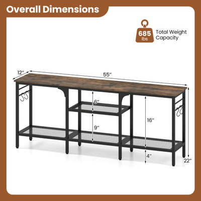 TV Stand for TVs up to 65 Inch with 3-Tier Open Shelves and 4 Hooks-Rustic Brown & Black