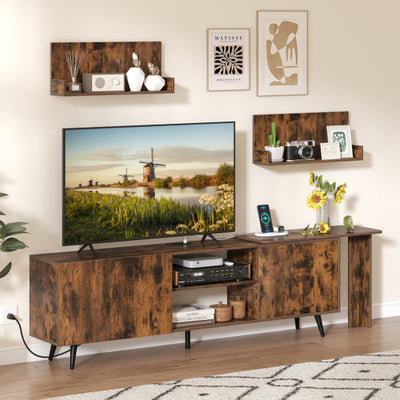 TV Stand for TVs up to 85 Inch with 2 Wall Shelves and Charging Station- Brown