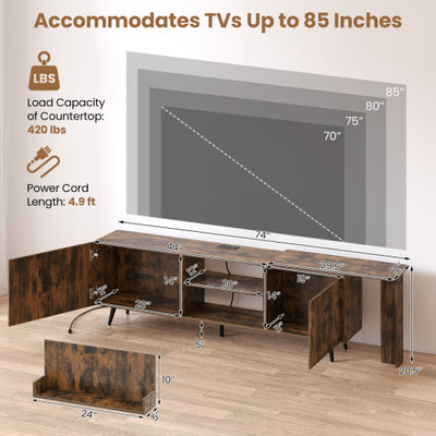 TV Stand for TVs up to 85 Inch with 2 Wall Shelves and Charging Station- Brown