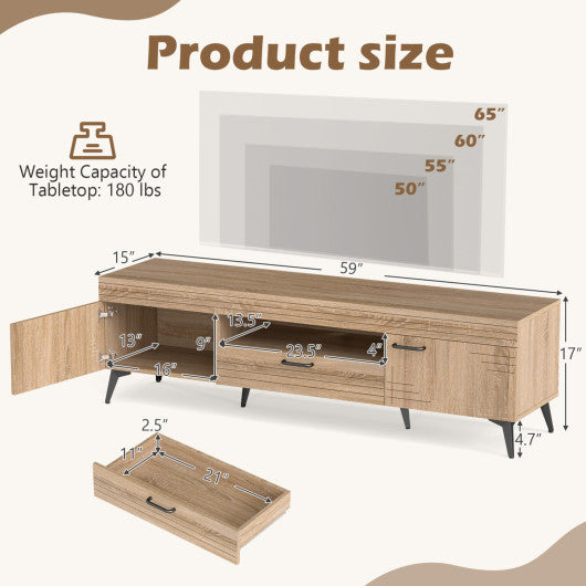 TV Stand with 2 Cabinets and Storage Drawer for 65 Inches TVs-Oak