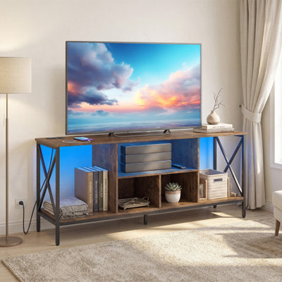 TV Stand with LED Lights for 65 Inch TV Entertainment Center with Power Outlets-Brown