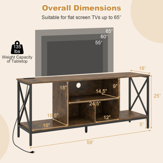 TV Stand with LED Lights for 65 Inch TV Entertainment Center with Power Outlets-Brown