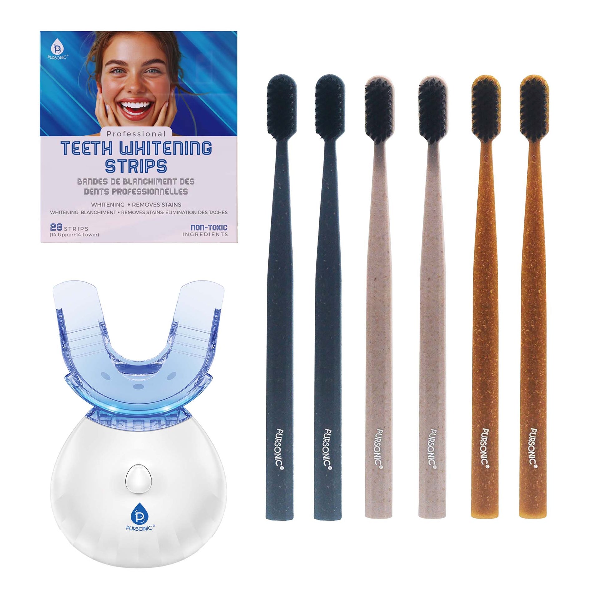 Pursonic LED Teeth Whitening Solution, Whitening Strips & Charcoal Toothbrush Bundle