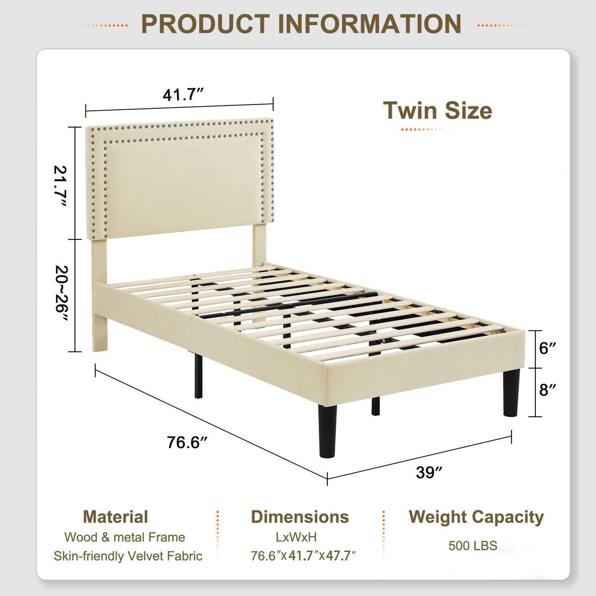 Twin Size - Set of 2  - Dorm Style Beige Tufted Upholstered Platform Beds