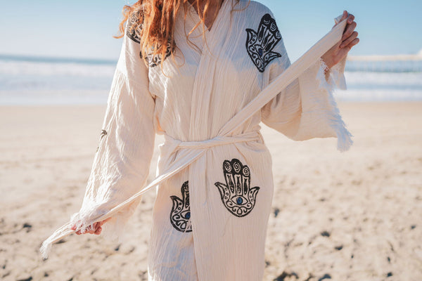 Muslin Cotton Kimono Bathrobe – Hamsa Hand Print | 100% Turkish Cotton Muslin Unisex Robe (One Size)