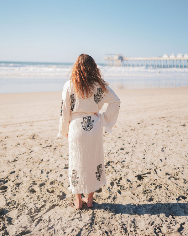 Muslin Cotton Kimono Bathrobe – Hamsa Hand Print | 100% Turkish Cotton Muslin Unisex Robe (One Size)