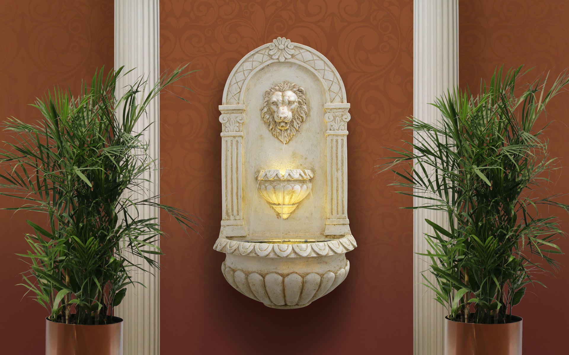 32 in. Tall Outdoor Classical Wall-Mounted Water Fountain with Lion Head and LED Lights