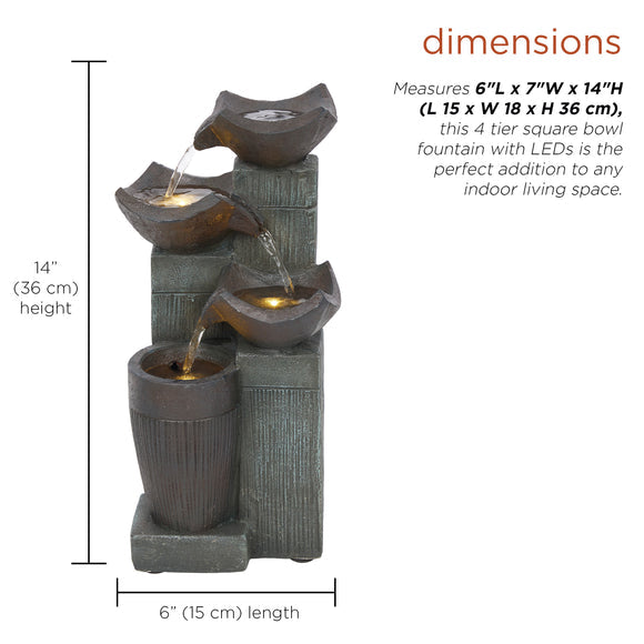 4-Tier Squared Bowls Fountain with LED Lights