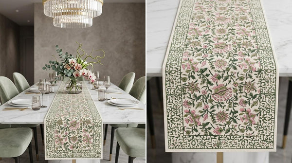 Hand Block Printed Cotton Emerald Green & Pink All-Over 13 Pieces Floral Table Linen Set