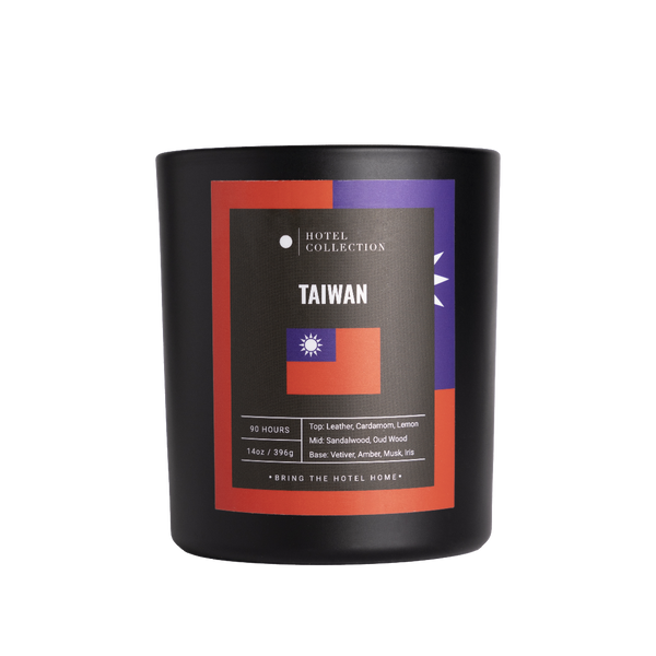 Black candle with Taiwan label and flag design on a white background