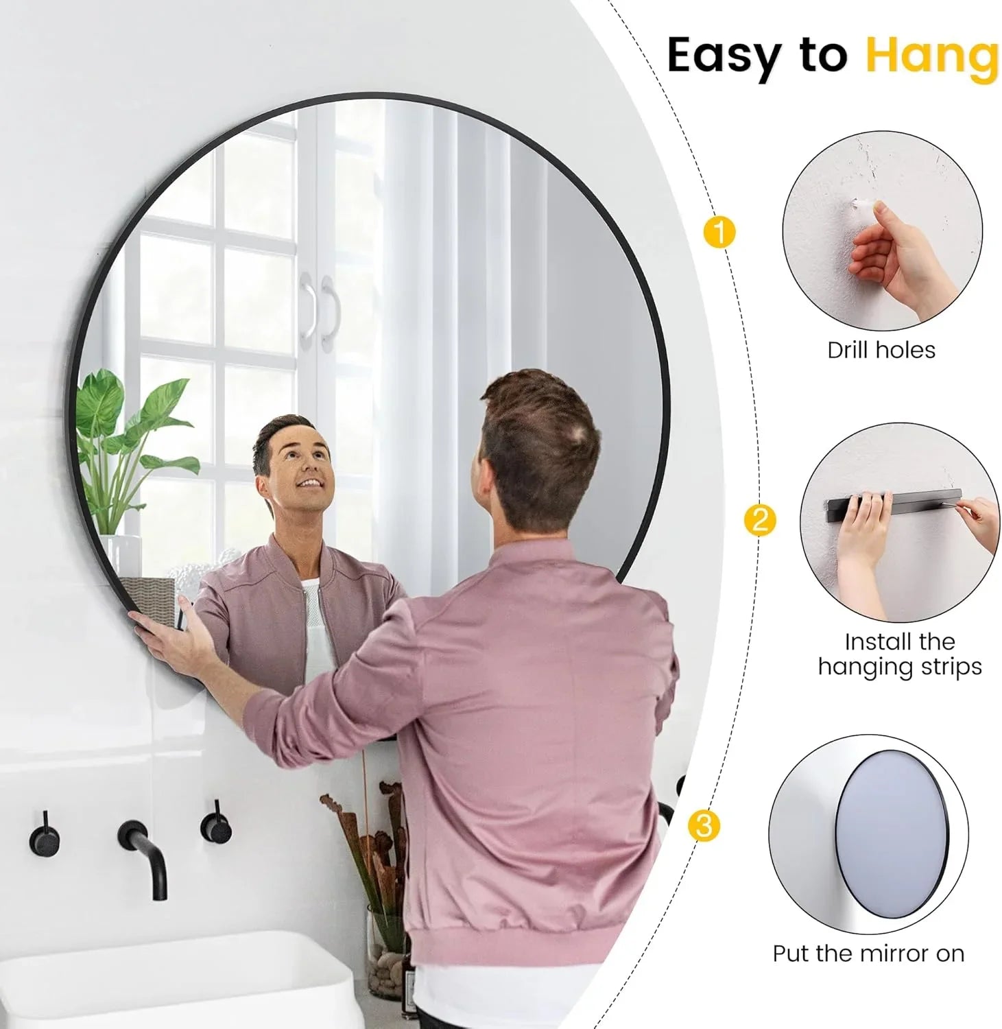 Takywep 24 Inch Round Mirror with 20mm Black Aluminum Frame - Shatter-Resistant Fogless Glass, -Fog Technology-Free (No Installation Required), Wall-Mounted Large Circle Mirror for Bathroom, Bedroom, Living Room, Entryway - M
