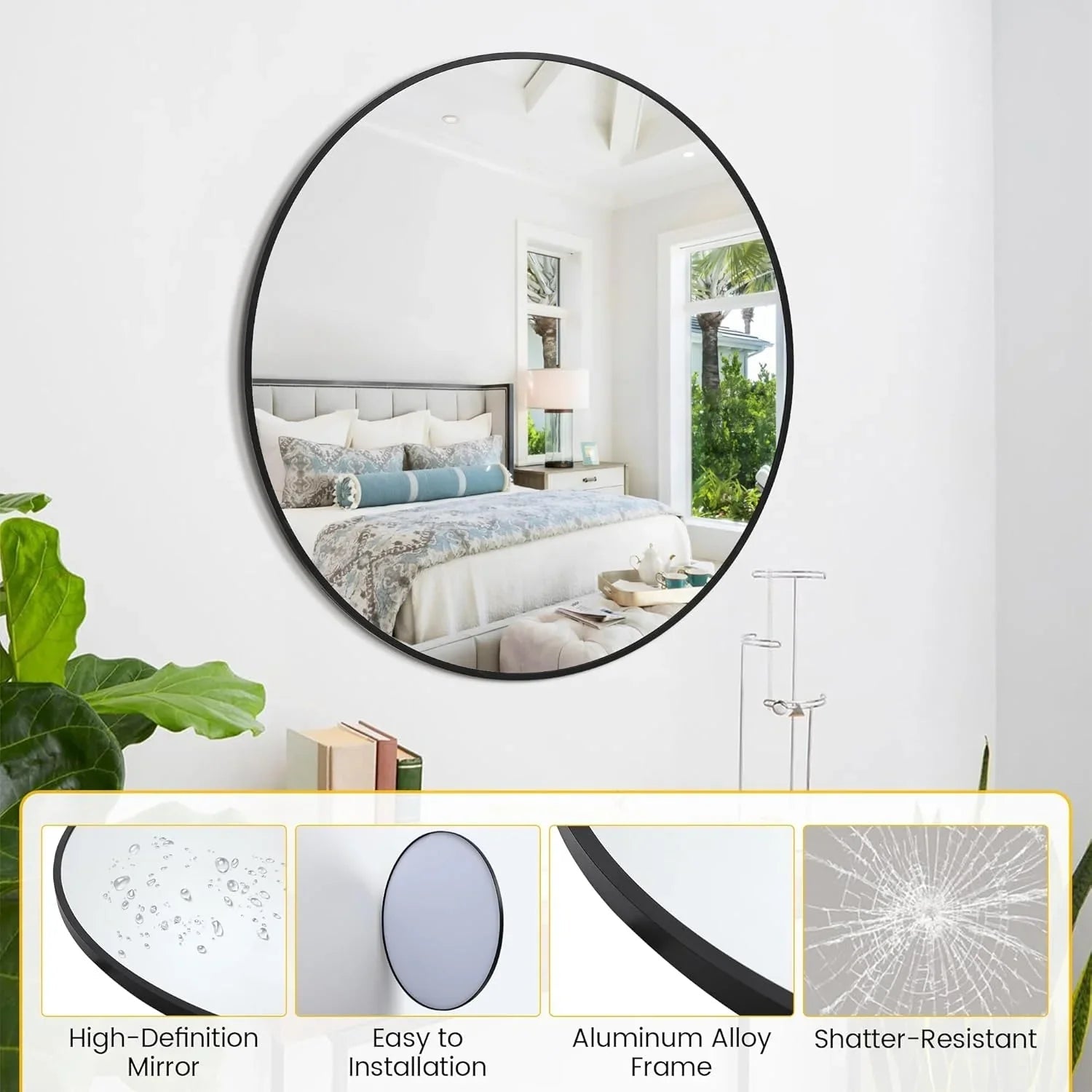 Takywep 24 Inch Round Mirror with 20mm Black Aluminum Frame - Shatter-Resistant Fogless Glass, -Fog Technology-Free (No Installation Required), Wall-Mounted Large Circle Mirror for Bathroom, Bedroom, Living Room, Entryway - M