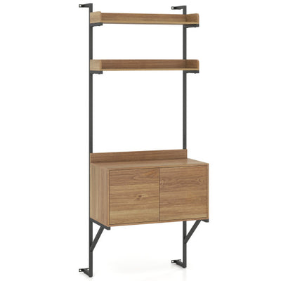 Tall Ladder Shelf with Storage Cabinet Narrow Wall Mounted Ladder Bookcase-Natural