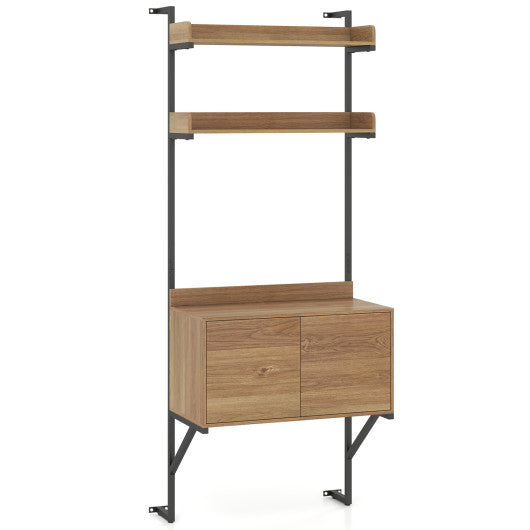 Tall Ladder Shelf with Storage Cabinet Narrow Wall Mounted Ladder Bookcase-Natural