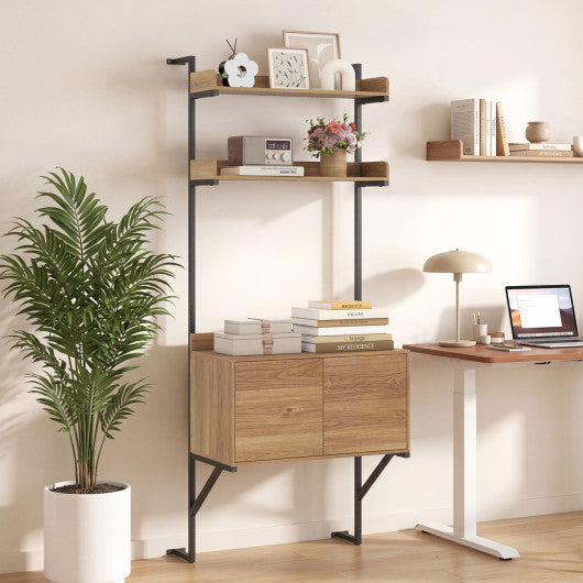 Tall Ladder Shelf with Storage Cabinet Narrow Wall Mounted Ladder Bookcase-Natural