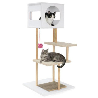 Tall Wood Cat Tower with 2 Corrugated Cardboard-White