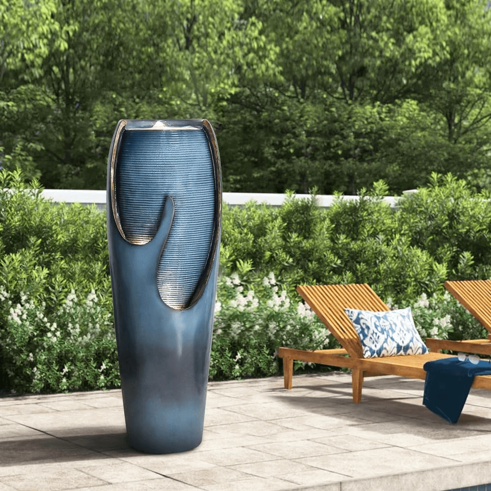 Concrete Turquoise Cracked Jar Outdoor Fountain 38 Inch