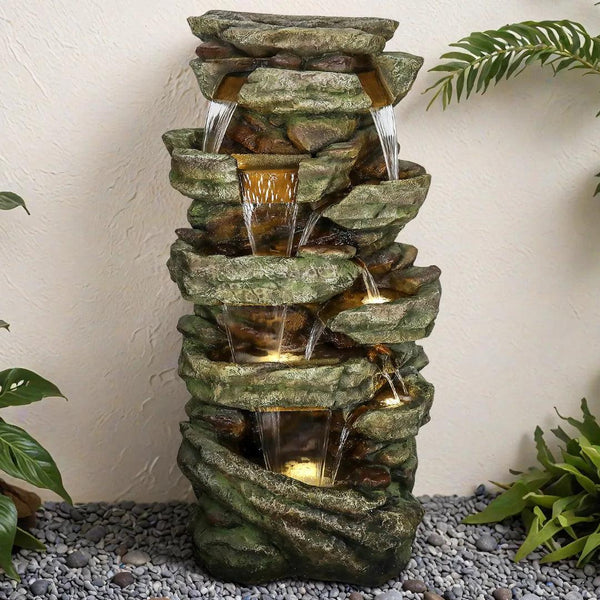 Resin Stacked Stone Rock Waterfall Outdoor Fountain with LED