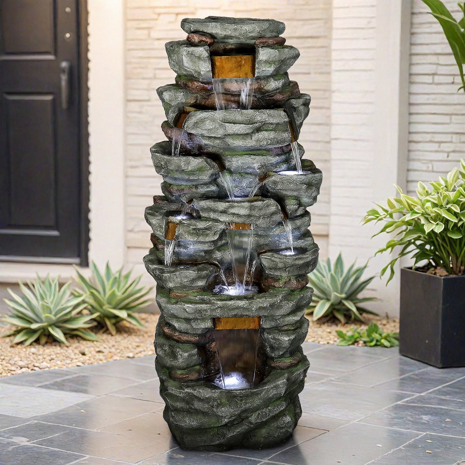 Resin Cliffside Rock Large Outdoor Water Fountain with LED