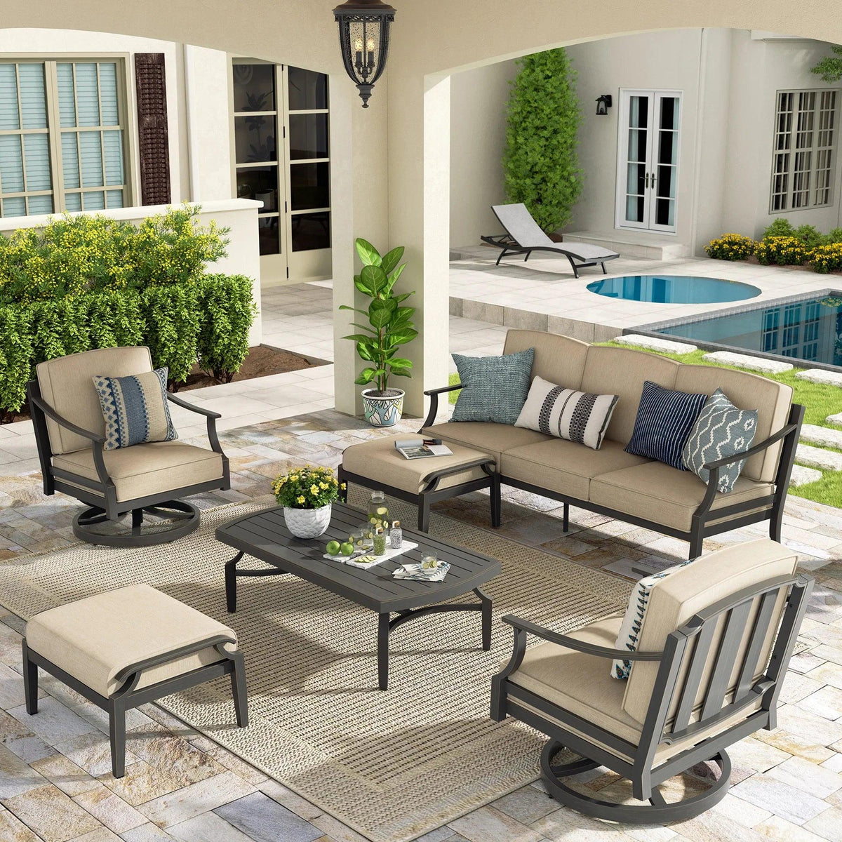 Tamarin 6 Pieces Patio Swivel Conversation Sofa Set with 2 Ottomans