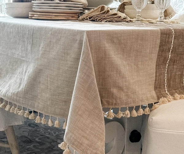 Beige Striped Tablecloth with Tassel