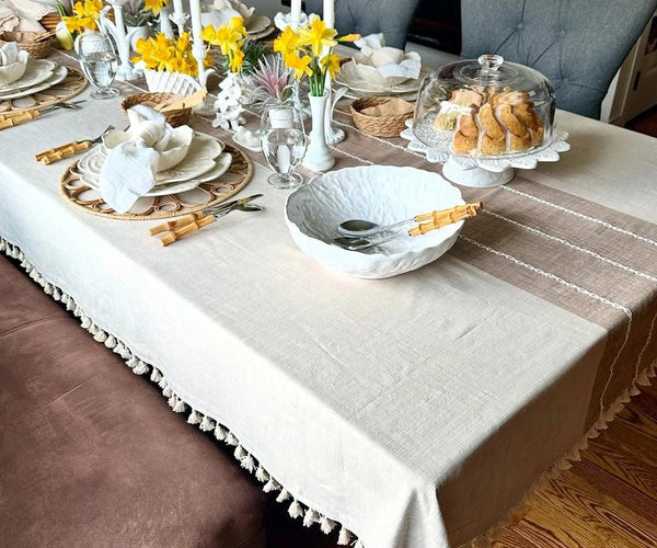 Beige Striped Tablecloth with Tassel