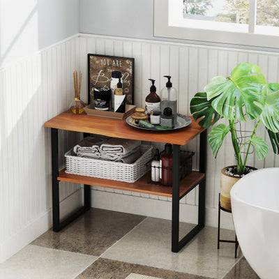 2-Tier Teak Wood End Table Sofa Side for Living Room Hallway Laundry
