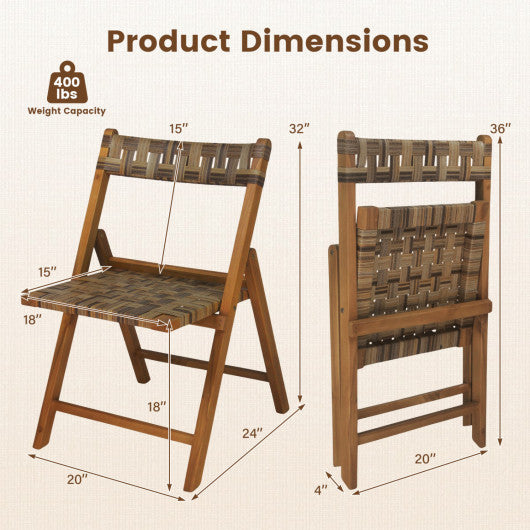Teak Folding Chairs Set of 2 with Hand-Woven Rattan and Contoured Back