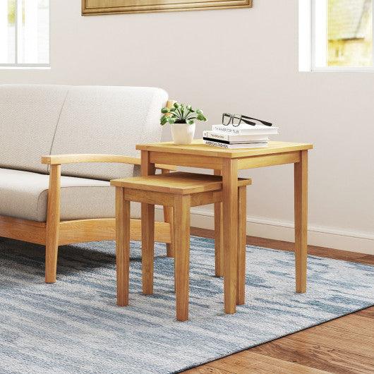 2 Pieces Space Saving Design Teak Wood Outdoor Patio Nesting Table