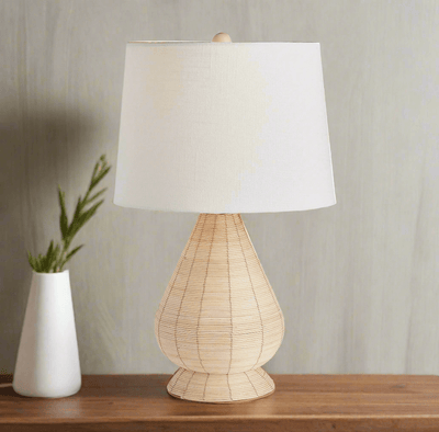 Teardrop Rattan Table Lamp with White Linen Shade