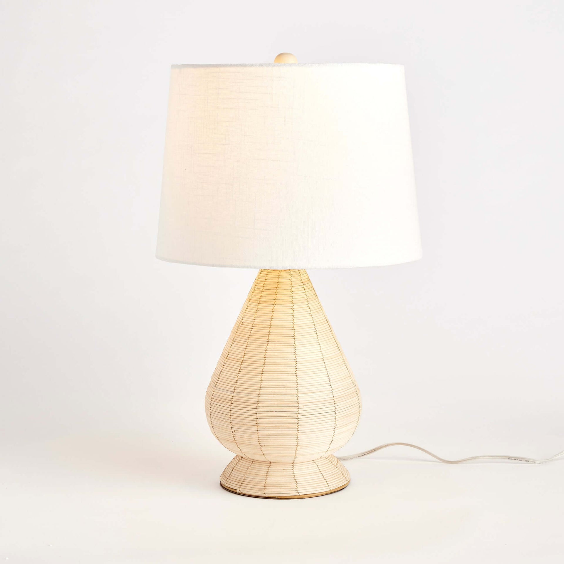 Teardrop Rattan Table Lamp with White Linen Shade